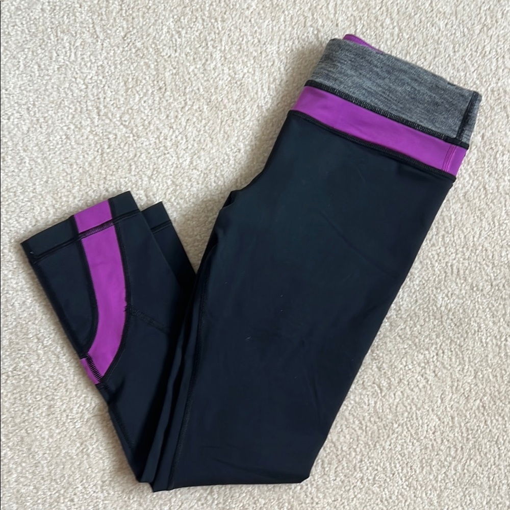Lululemon Black Leggings with Purple and Gray Accents